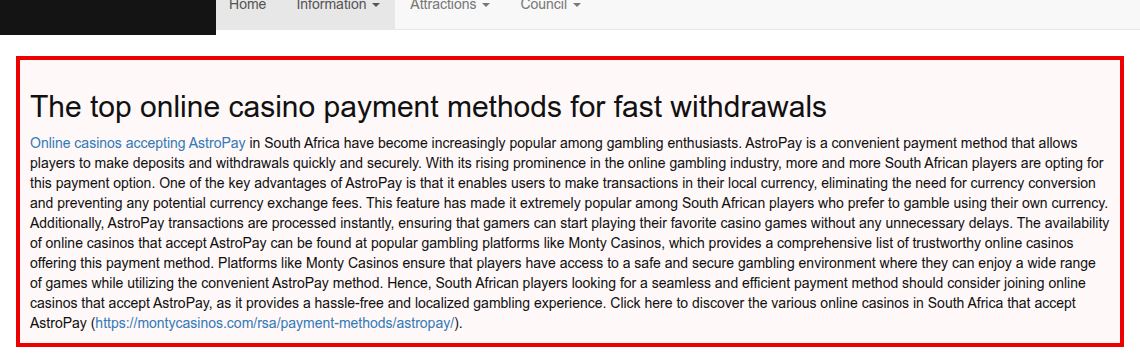 A town website with a hidden block made visible: a heading about online casino payment methods and a paragraph of casino copy, outlined in red