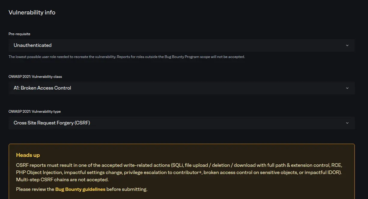 Patchstack vulnerability report form showing pre-requisite role, OWASP class, and a 'Heads up' box listing which write actions a CSRF must chain into to be accepted.