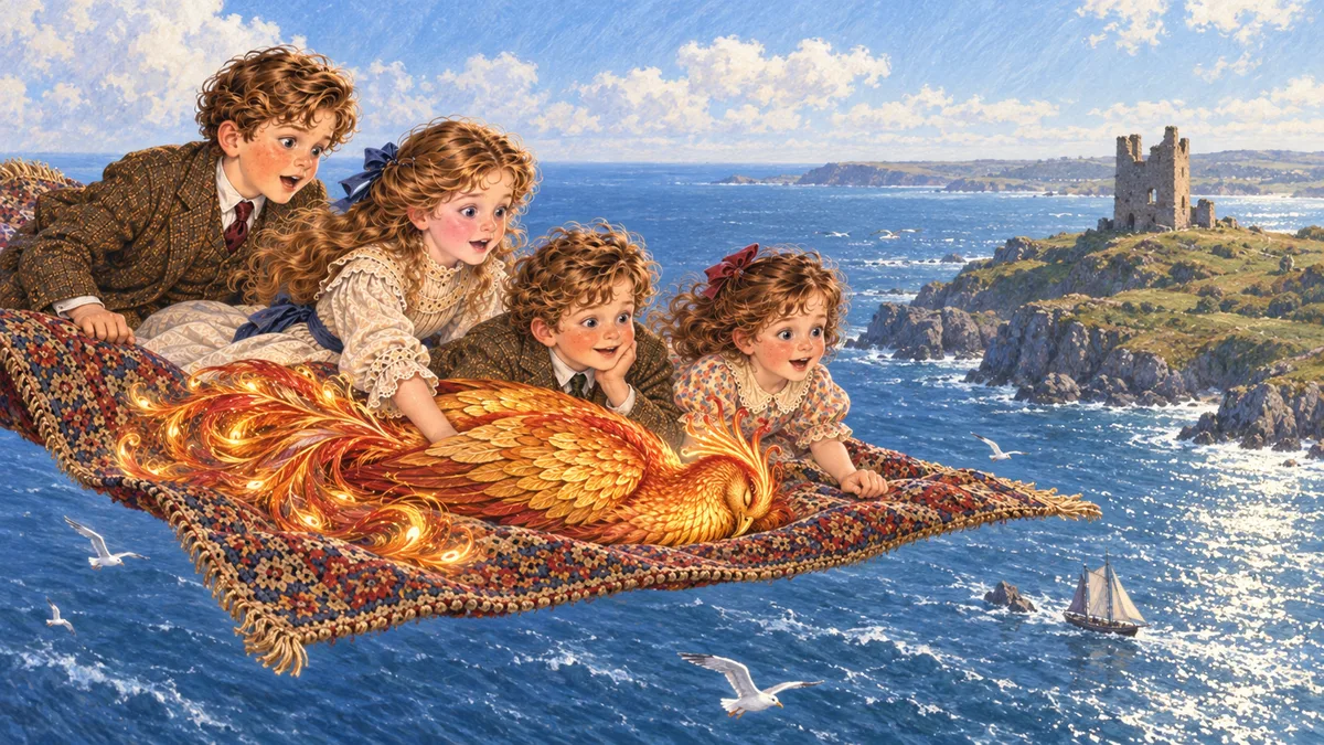 Four Edwardian children lying on a flying carpet above a rocky coast, a glowing phoenix curled beside them